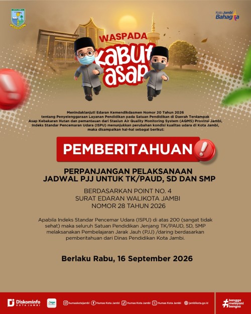 cover Kualitas Udara Sangat Tidak Sehat, Pemkot Jambi Perpanjang PJJ Jenjang TK Hingga SMP