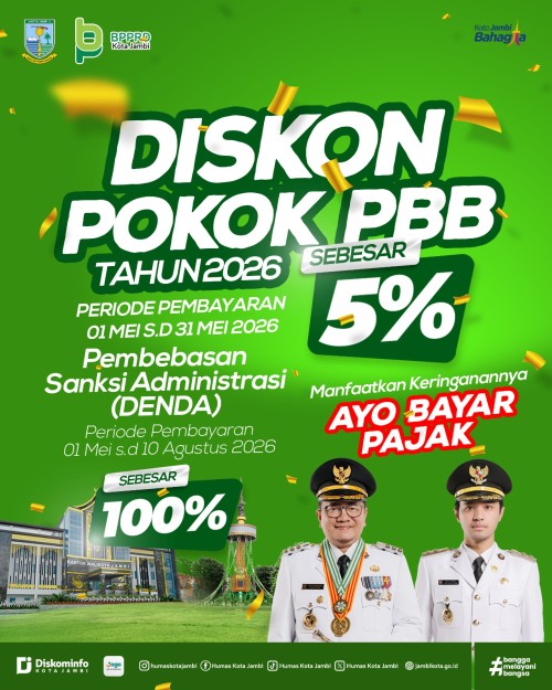 cover Rayakan HUT Kota Jambi dan Hari Jadi Tanah Pilih Pusako Betuah 2026, Pemkot Jambi Beri Diskon PBB dan Pembebasan Denda